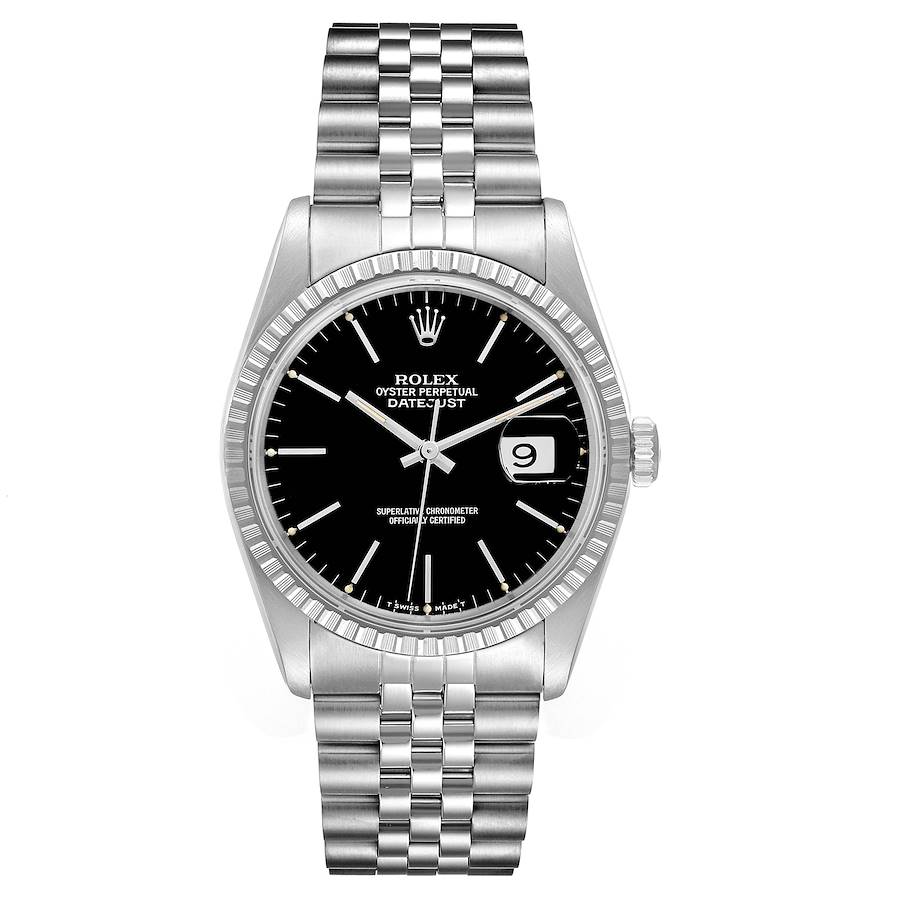 Men's Rolex 36mm DateJust Stainless Steel Watch with Black Dial and Fluted Bezel. (Pre-Owned 16220)