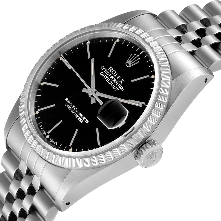 Men's Rolex 36mm DateJust Stainless Steel Watch with Black Dial and Fluted Bezel. (Pre-Owned 16220)