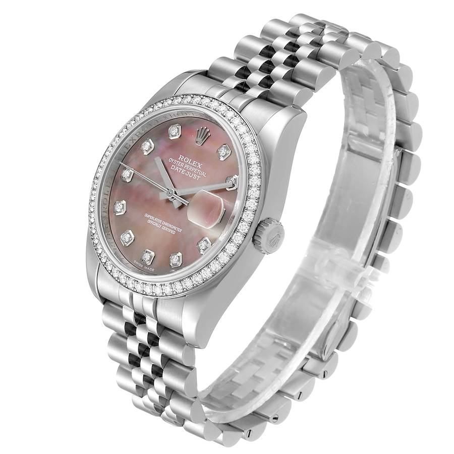 Men's Rolex 36mm DateJust Stainless Steel Wristwatch w/ Mother of Peal Diamond Dial & Diamond Bezel. (Pre-Owned 116244)