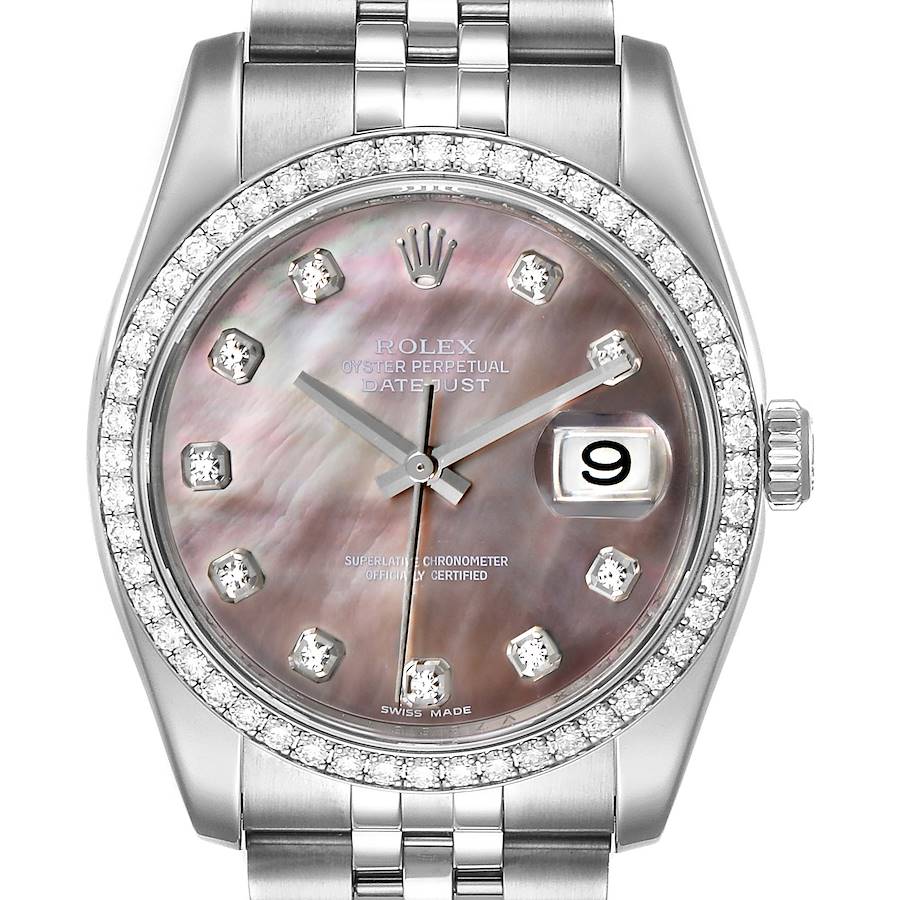 Men's Rolex 36mm DateJust Stainless Steel Wristwatch w/ Mother of Peal Diamond Dial & Diamond Bezel. (Pre-Owned 116244)