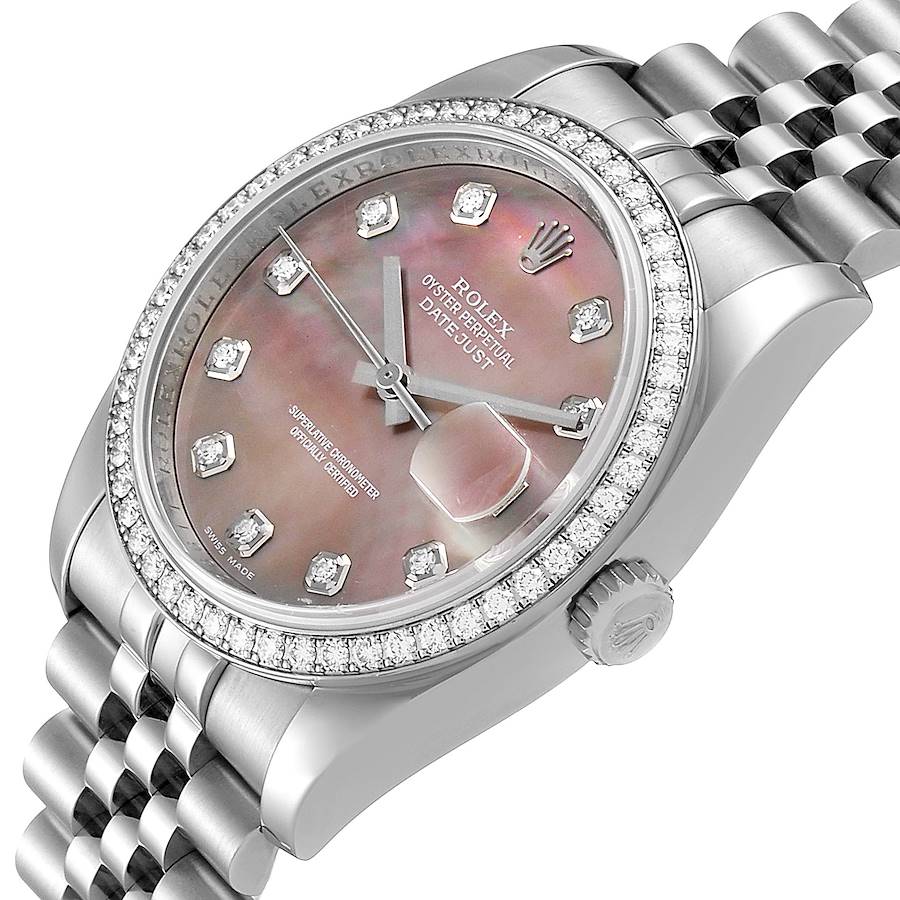 Men's Rolex 36mm DateJust Stainless Steel Wristwatch w/ Mother of Peal Diamond Dial & Diamond Bezel. (Pre-Owned 116244)