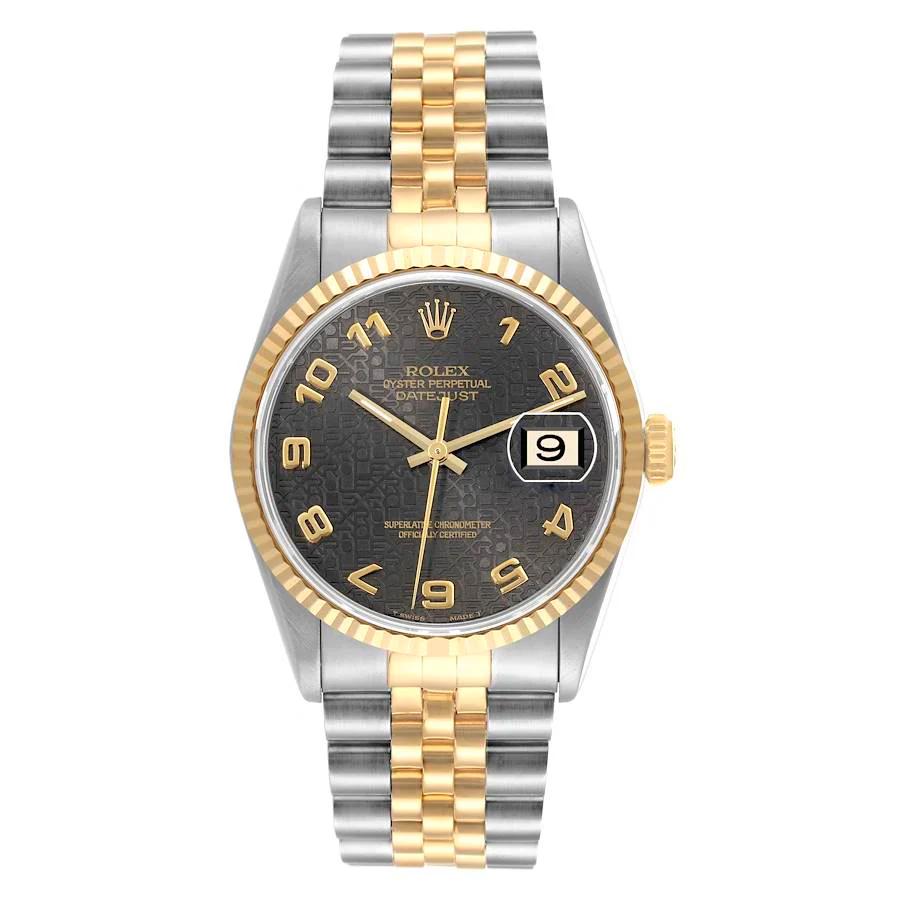*Men's Rolex 36mm DateJust Two Tone 18K Gold / Stainless Steel Watch with Brown 3D Anniversary Dial and Fluted Bezel. (UNWORN Box/Paper 16233)