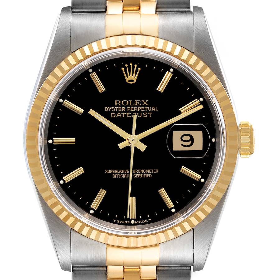 1990 Men's Rolex 36mm DateJust Two Tone 18K Yellow Gold / Stainless Steel Watch with Black Dial and Fluted Bezel. (Pre-Owned 16233)