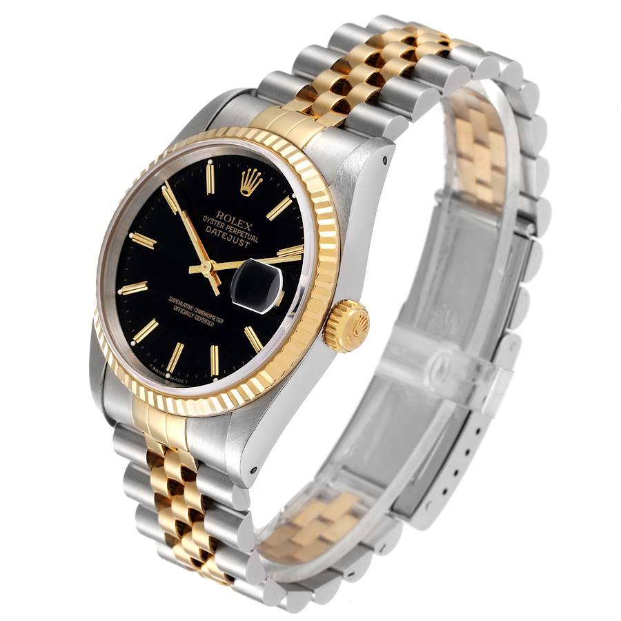 1990 Men's Rolex 36mm DateJust Two Tone 18K Yellow Gold / Stainless Steel Watch with Black Dial and Fluted Bezel. (Pre-Owned 16233)