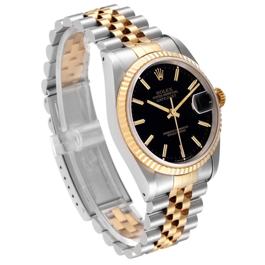 1990 Men's Rolex 36mm DateJust Two Tone 18K Yellow Gold / Stainless Steel Watch with Black Dial and Fluted Bezel. (Pre-Owned 16233)