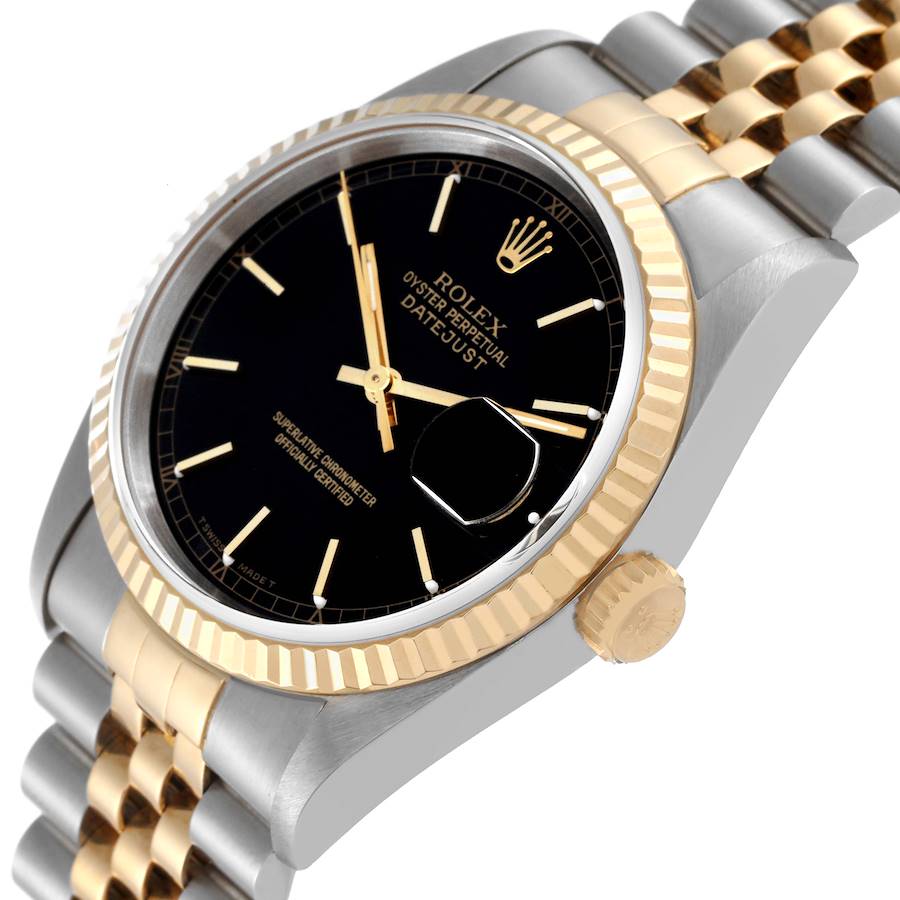 1997 Men's Rolex 36mm DateJust Two Tone 18K Yellow Gold / Stainless Steel Watch with Black Dial and Fluted Bezel. (Pre-Owned 16233)