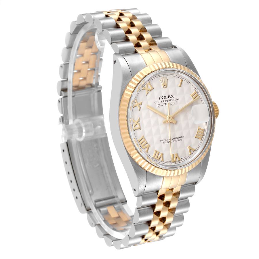 *Men's Rolex 36mm DateJust Two Tone 18K Yellow Gold / Stainless Steel Watch with Ivory Pyramid Dial and Fluted Bezel. (Pre-Owned Box/Paper 16013)