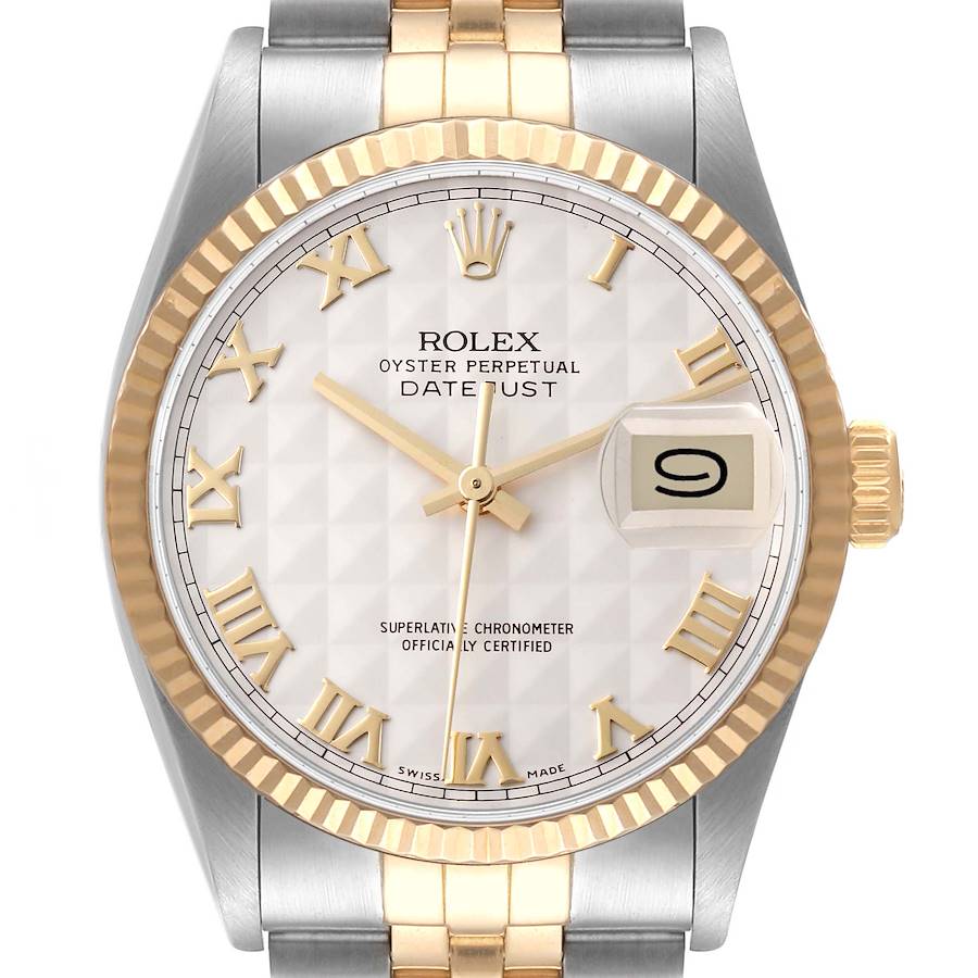 *Men's Rolex 36mm DateJust Two Tone 18K Yellow Gold / Stainless Steel Watch with Ivory Pyramid Dial and Fluted Bezel. (Pre-Owned Box/Paper 16013)