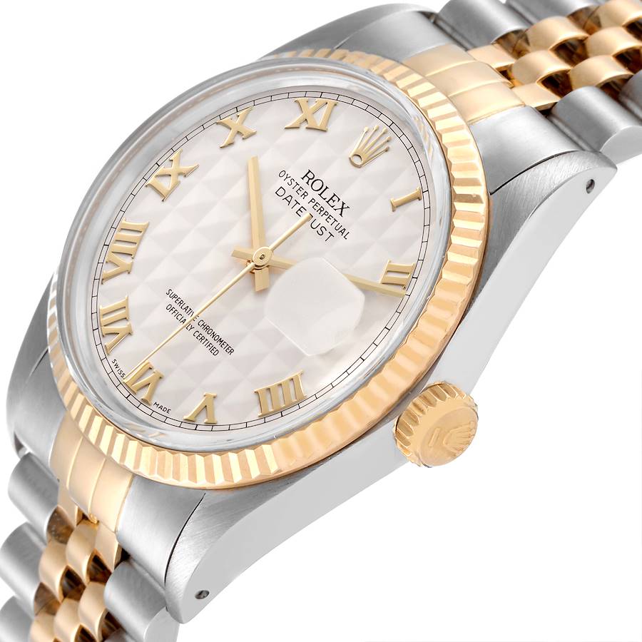 *Men's Rolex 36mm DateJust Two Tone 18K Yellow Gold / Stainless Steel Watch with Ivory Pyramid Dial and Fluted Bezel. (Pre-Owned Box/Paper 16013)