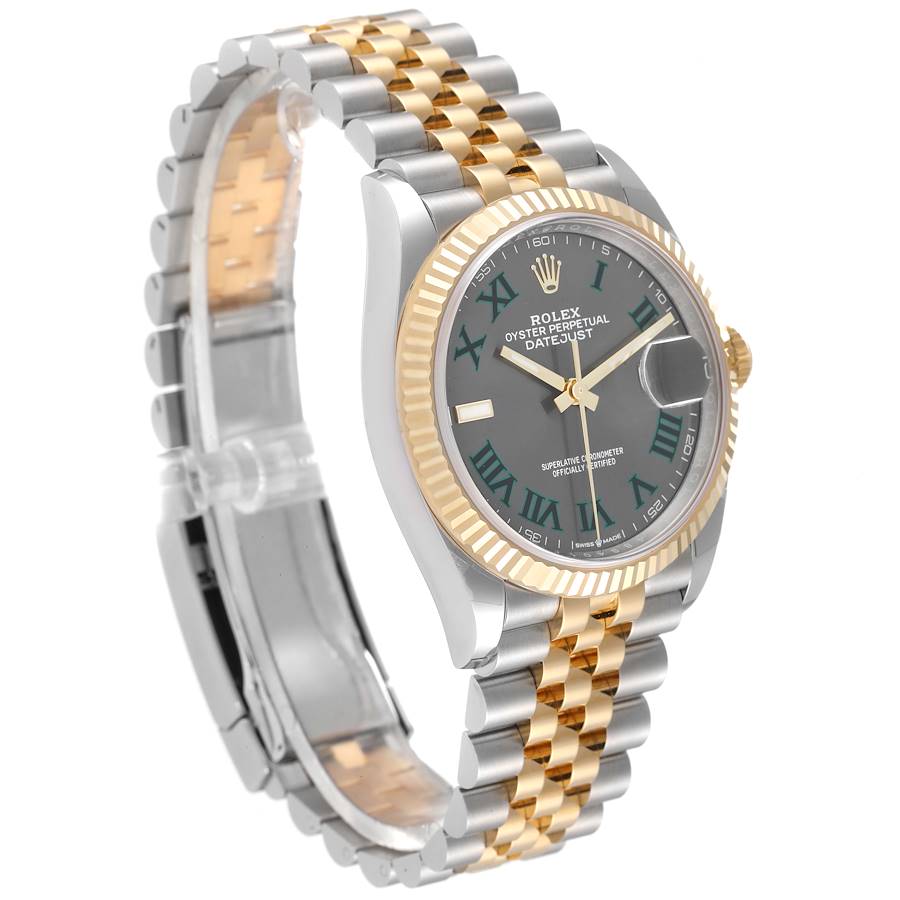 Men's Rolex 36mm DateJust Two Tone 18K Yellow Gold / Stainless Steel Watch with Dark Silver Dial and Fluted Bezel. (Unworn 126233)