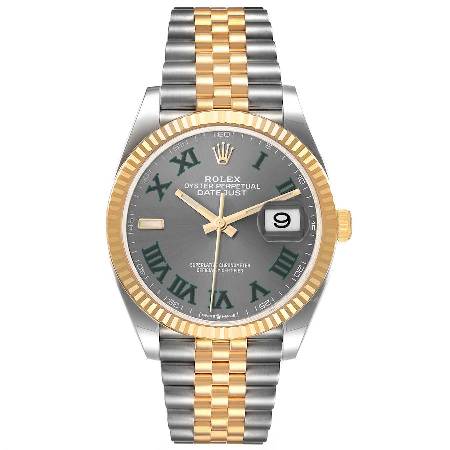 Men's Rolex 36mm DateJust Two Tone 18K Yellow Gold / Stainless Steel Watch with Dark Silver Dial and Fluted Bezel. (Unworn 126233)