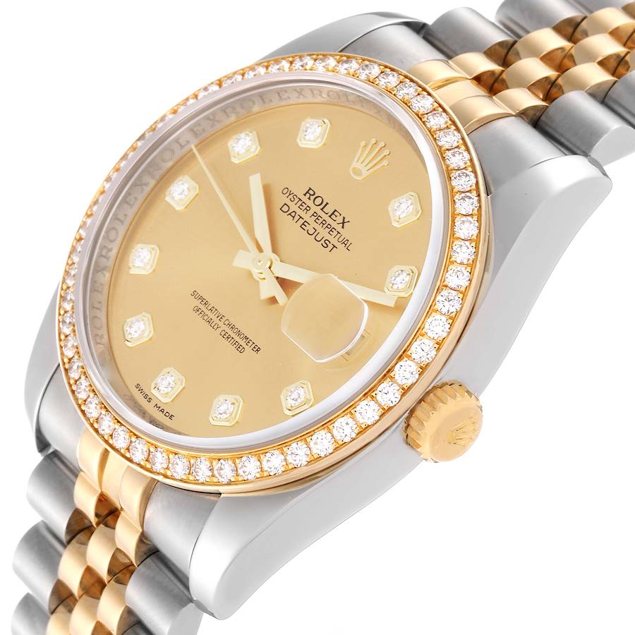 Men's Rolex 36mm DateJust Two Tone 18K Yellow Gold / Stainless Steel Wristwatch with Champagne Diamond Dial and Diamond Bezel. (Pre-Owned 116243)