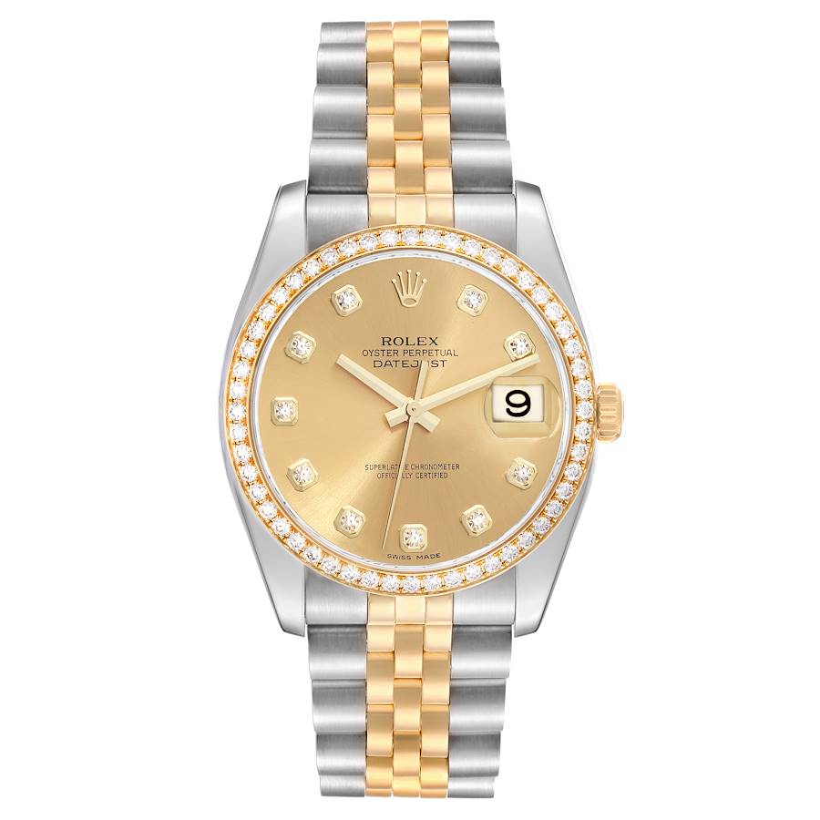 Men's Rolex 36mm DateJust Two Tone 18K Yellow Gold / Stainless Steel Wristwatch with Champagne Diamond Dial and Diamond Bezel. (Pre-Owned 116243)