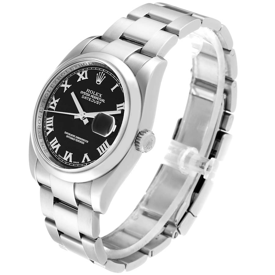 Men's Rolex 36mm Oyster Perpetual DateJust Stainless Steel Watch with Roman Numeral Black Dial and Smooth Bezel. (Pre-Owned 116200)