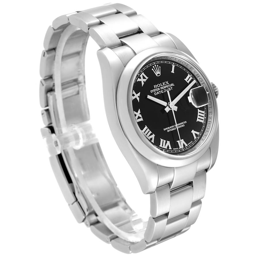 Men's Rolex 36mm Oyster Perpetual DateJust Stainless Steel Watch with Roman Numeral Black Dial and Smooth Bezel. (Pre-Owned 116200)