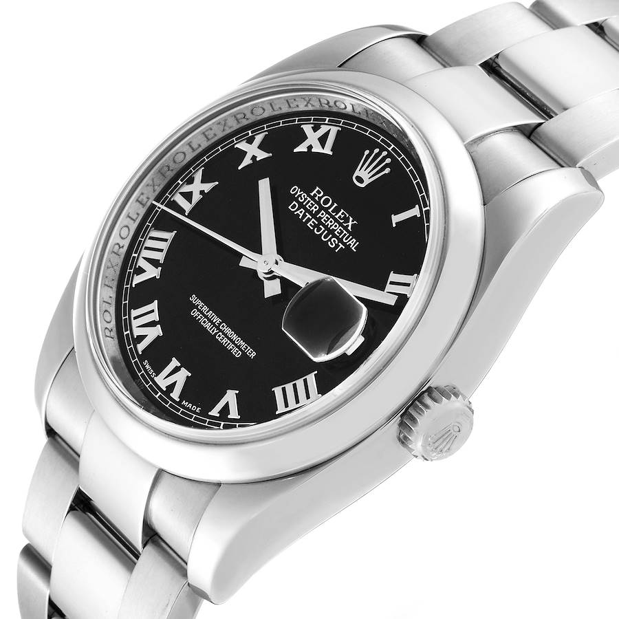 Men's Rolex 36mm Oyster Perpetual DateJust Stainless Steel Watch with Roman Numeral Black Dial and Smooth Bezel. (Pre-Owned 116200)