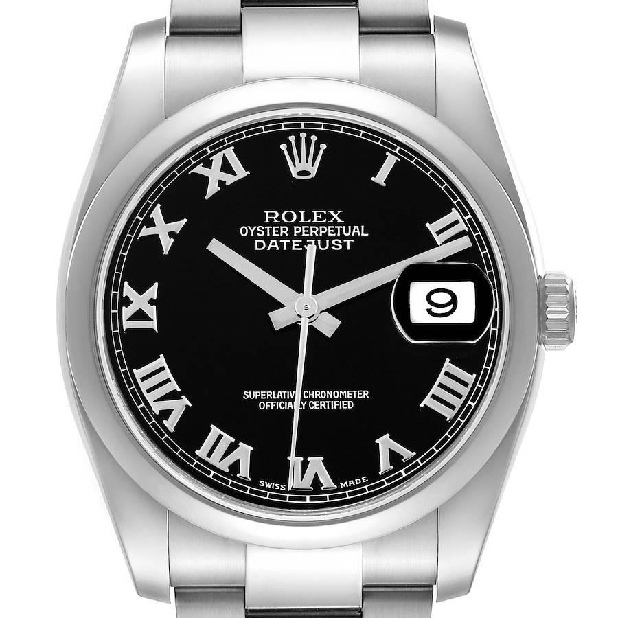 Men's Rolex 36mm Oyster Perpetual DateJust Stainless Steel Watch with Roman Numeral Black Dial and Smooth Bezel. (Pre-Owned 116200)