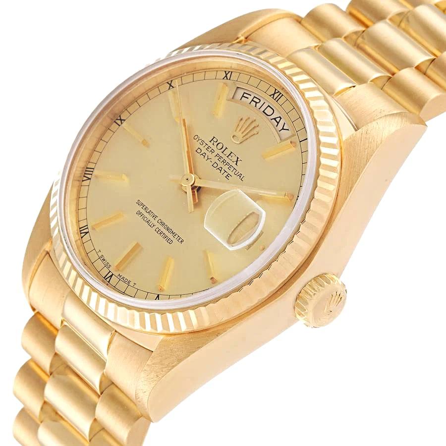 Men's Rolex 36mm Presidential 18K Yellow Gold Watch with Gold Dial and Fluted Bezel. (Pre-Owned 18038)