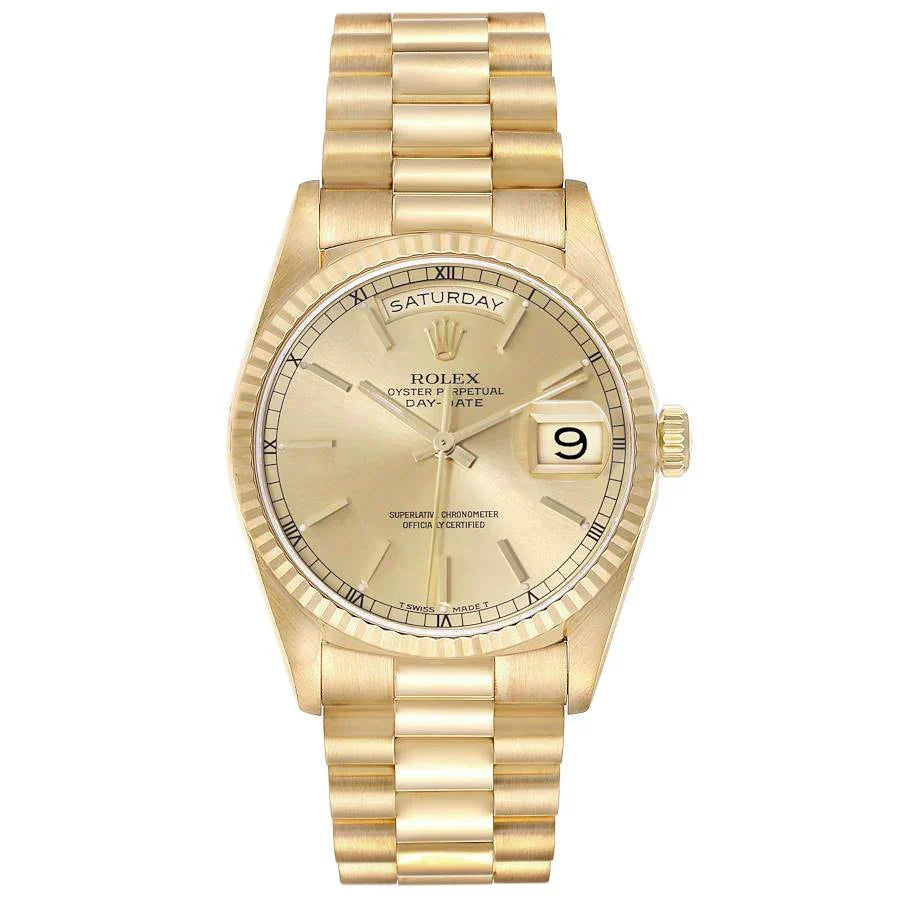 Men's Rolex 36mm Day-Date Presidential 18K Yellow Gold Watch with Gold Dial and Fluted Bezel. (Pre-Owned 18238)