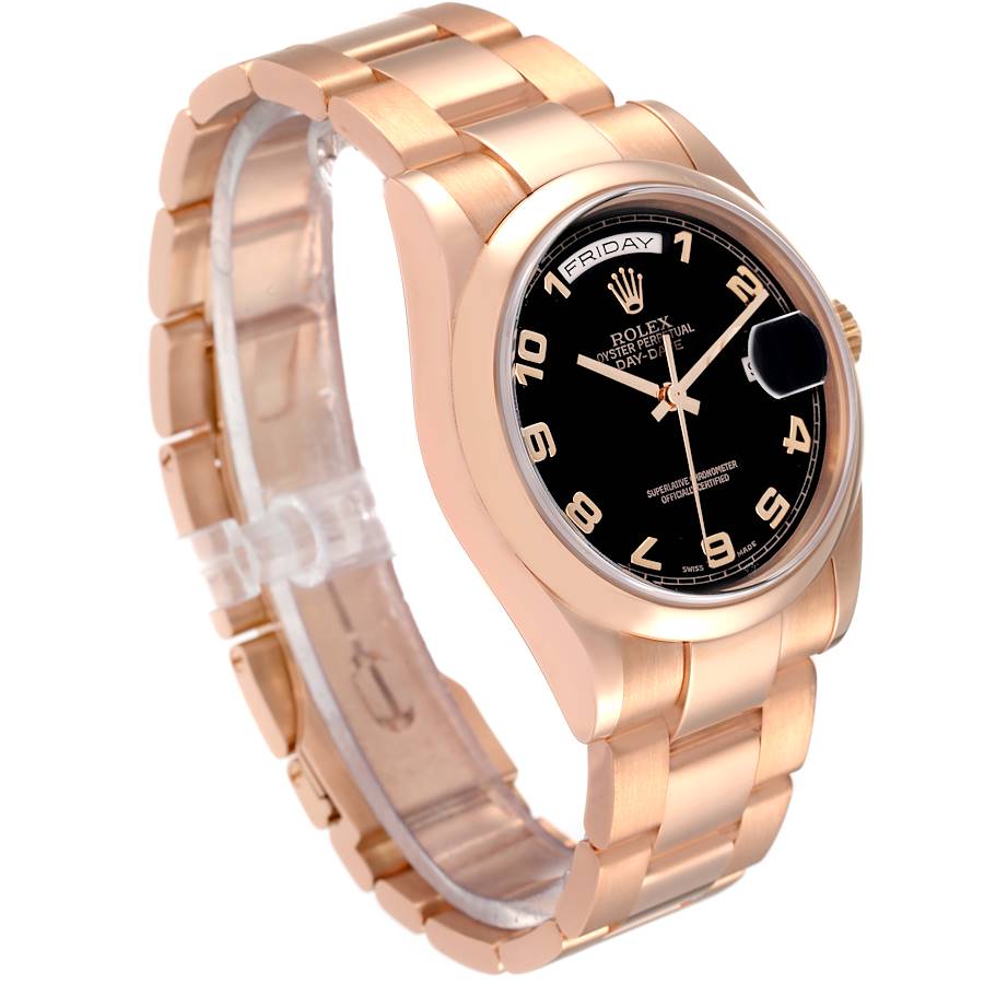 Men's Rolex 36mm President Day Date 18K Rose Gold Wristwatch with Black Roman Numeral Dial & Smooth Bezel. (Pre-Owned 118205)