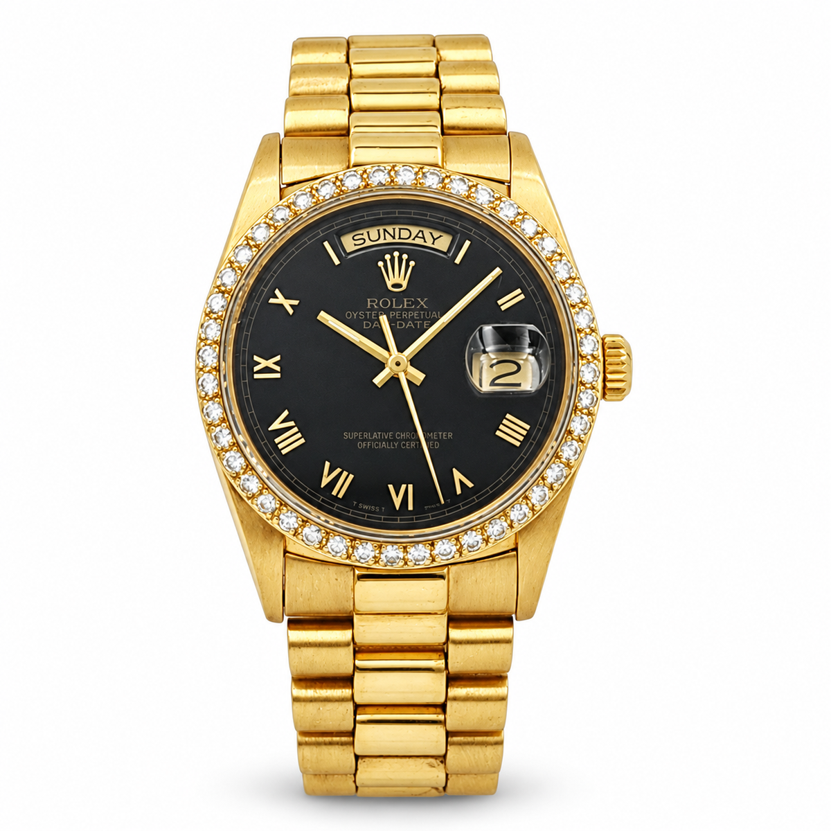 Men's Rolex 36mm Presidential Day-Date 18K Yellow Gold Watch with Black Dial and Diamond Bezel. (Pre-Owned 18038)