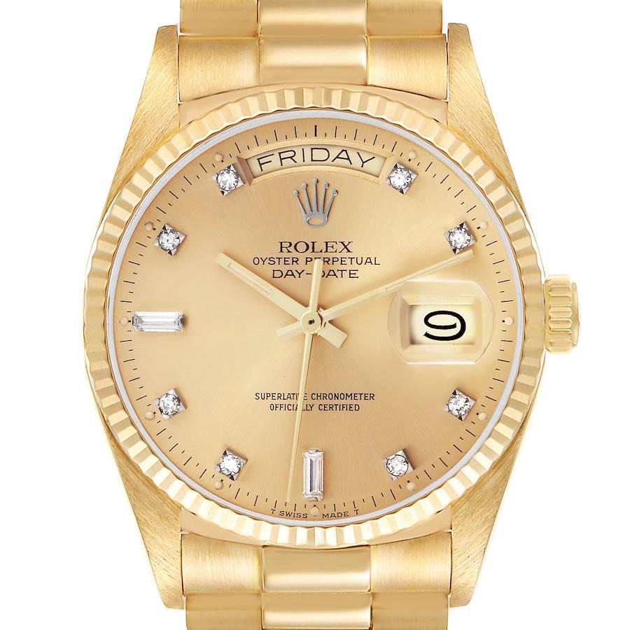 Men's Rolex 36mm Presidential Day-Date 18K Yellow Gold Watch with Champagne Diamond Dial and Fluted Bezel. (Pre-Owned 18038)