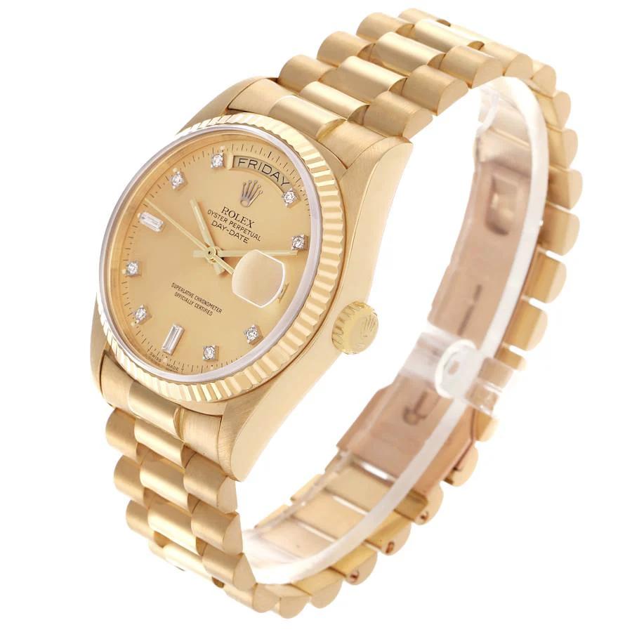 Men's Rolex 36mm Presidential Day-Date 18K Yellow Gold Watch with Champagne Diamond Dial and Fluted Bezel. (Pre-Owned 18038)