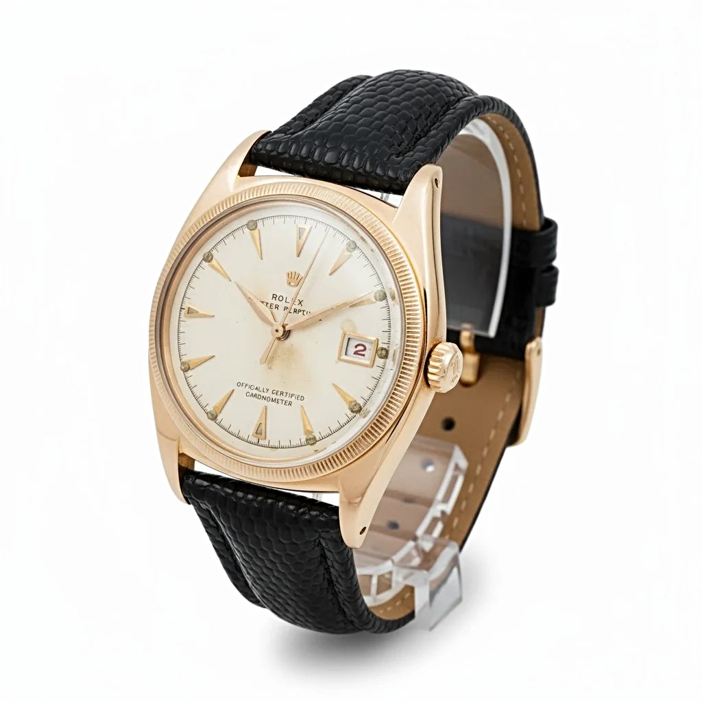 *Men's Rolex 36mm Vintage 1950 Bubbleback Oyster Perpetual Rose Gold Watch with Cream Dial and Black Leather Strap. (Pre-Owned 6075)