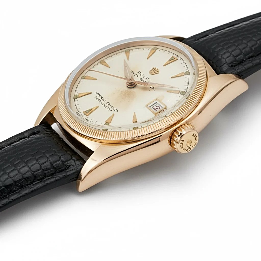 *Men's Rolex 36mm Vintage 1950 Bubbleback Oyster Perpetual Rose Gold Watch with Cream Dial and Black Leather Strap. (Pre-Owned 6075)