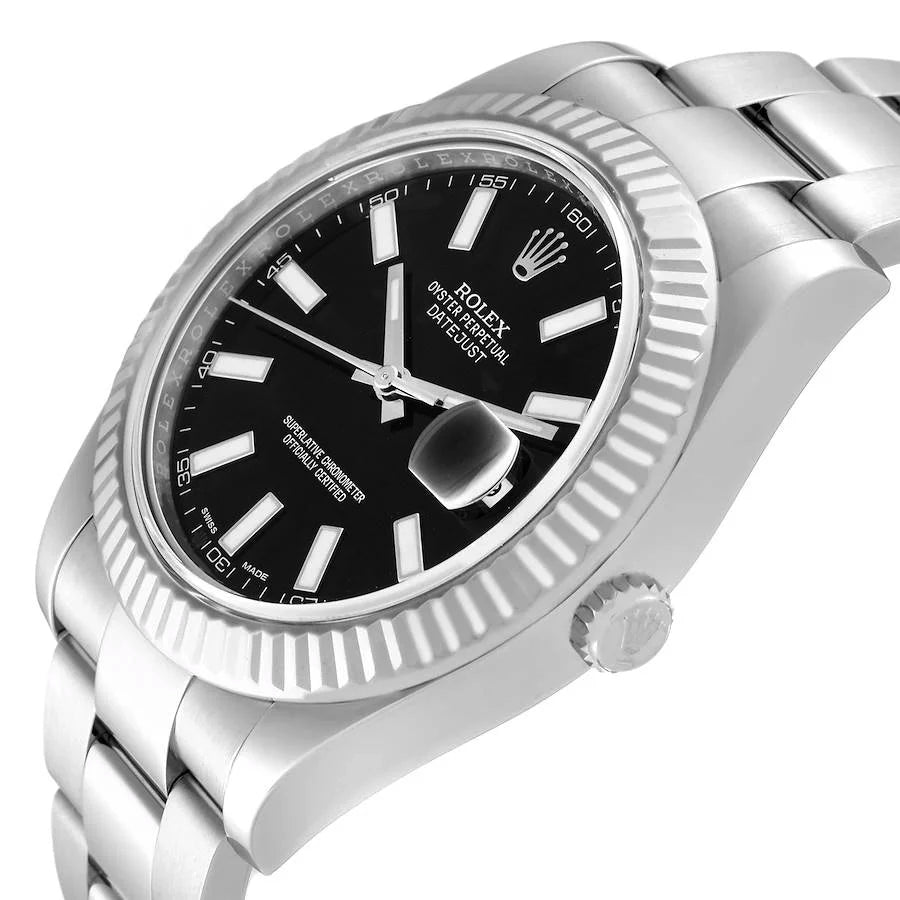 Men's Rolex 41mm DateJust Stainless Steel Watch with Black Dial and Fluted Bezel. (Pre-Owned 116334)