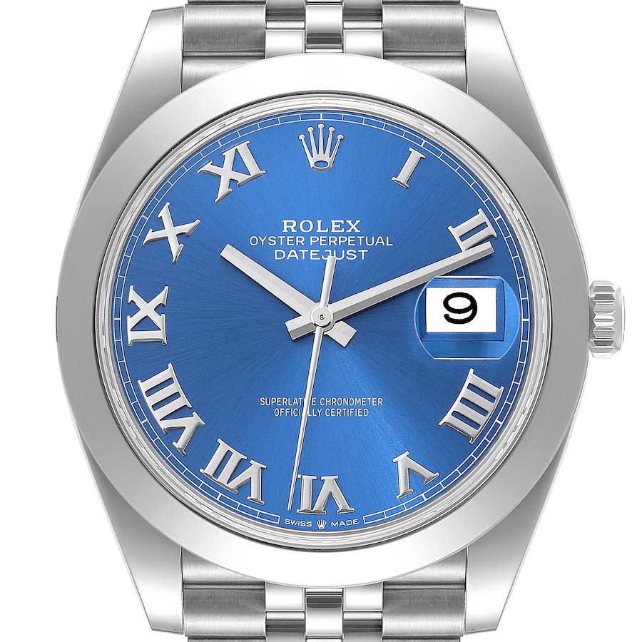 Men's Rolex 41mm DateJust Stainless Steel Watch with Roman Sky Blue Dial and Smooth Bezel. (Pre-Owned 126300)