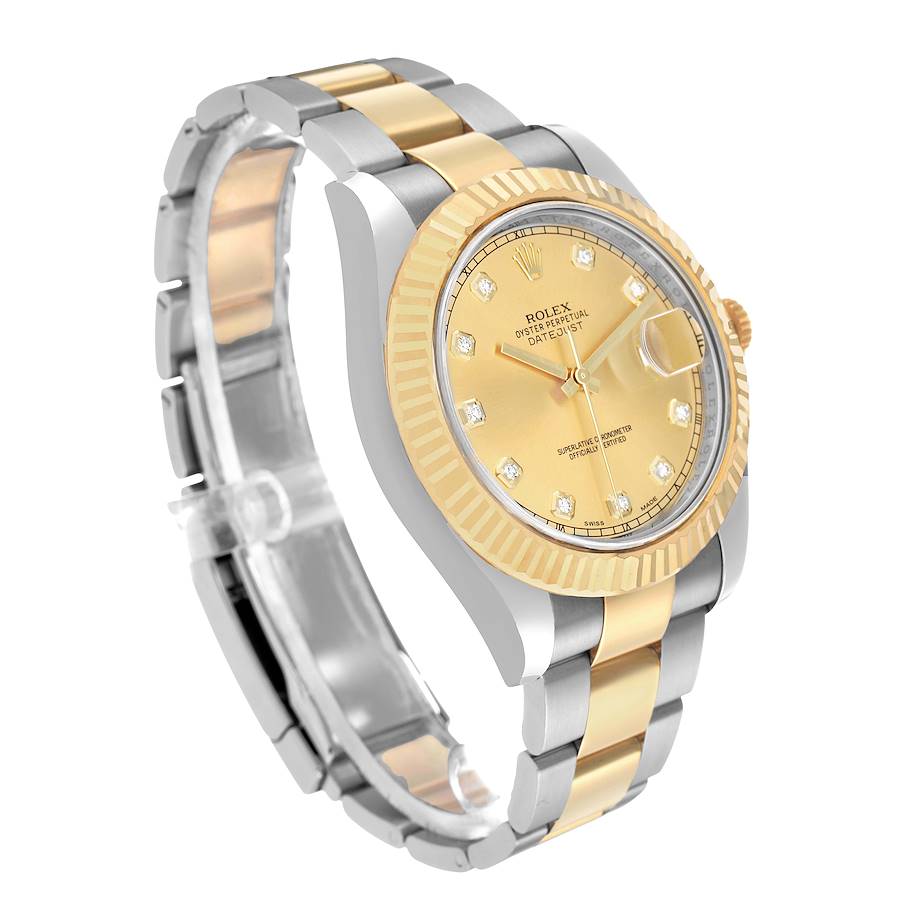 *Men's Rolex 41mm DateJust II Two Tone 18K Yellow Gold / Stainless Steel Watch with Champagne Diamond Dial and Fluted Bezel. (Pre-Owned Box/Card 116333)