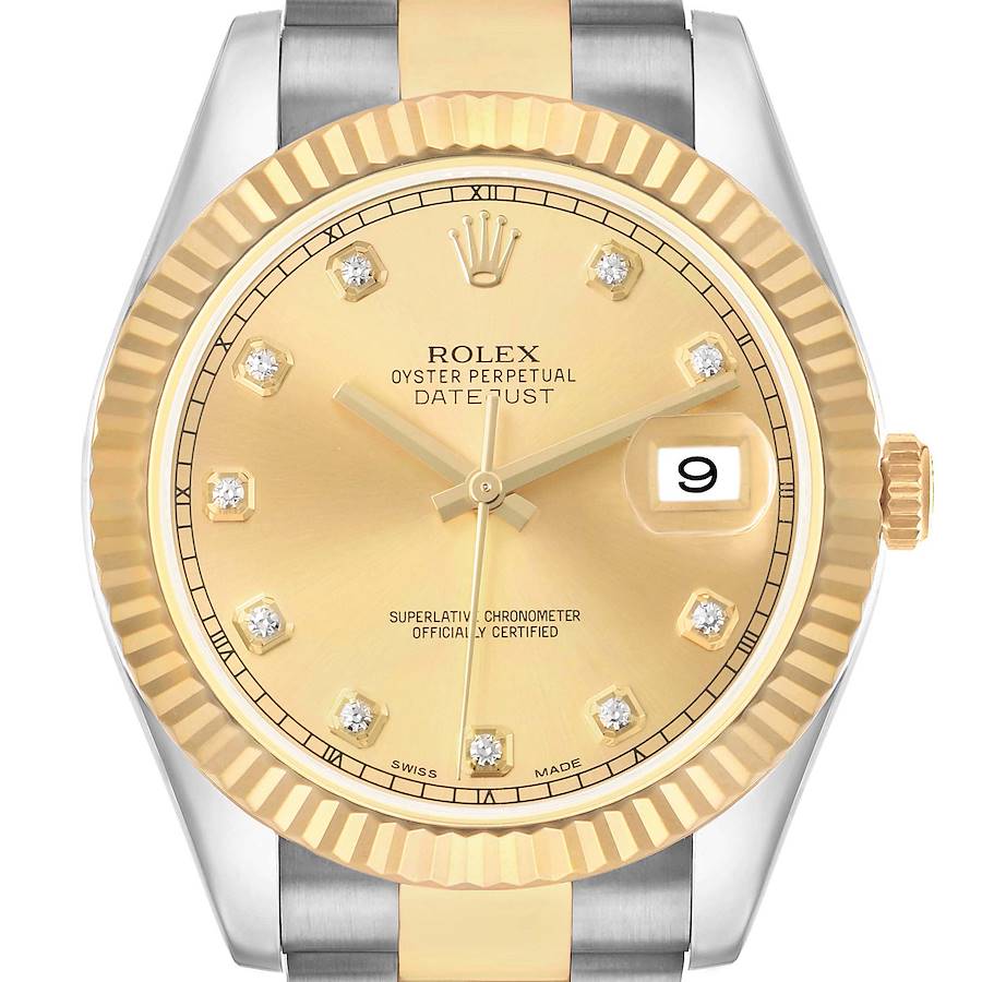 *Men's Rolex 41mm DateJust II Two Tone 18K Yellow Gold / Stainless Steel Watch with Champagne Diamond Dial and Fluted Bezel. (Pre-Owned Box/Card 116333)