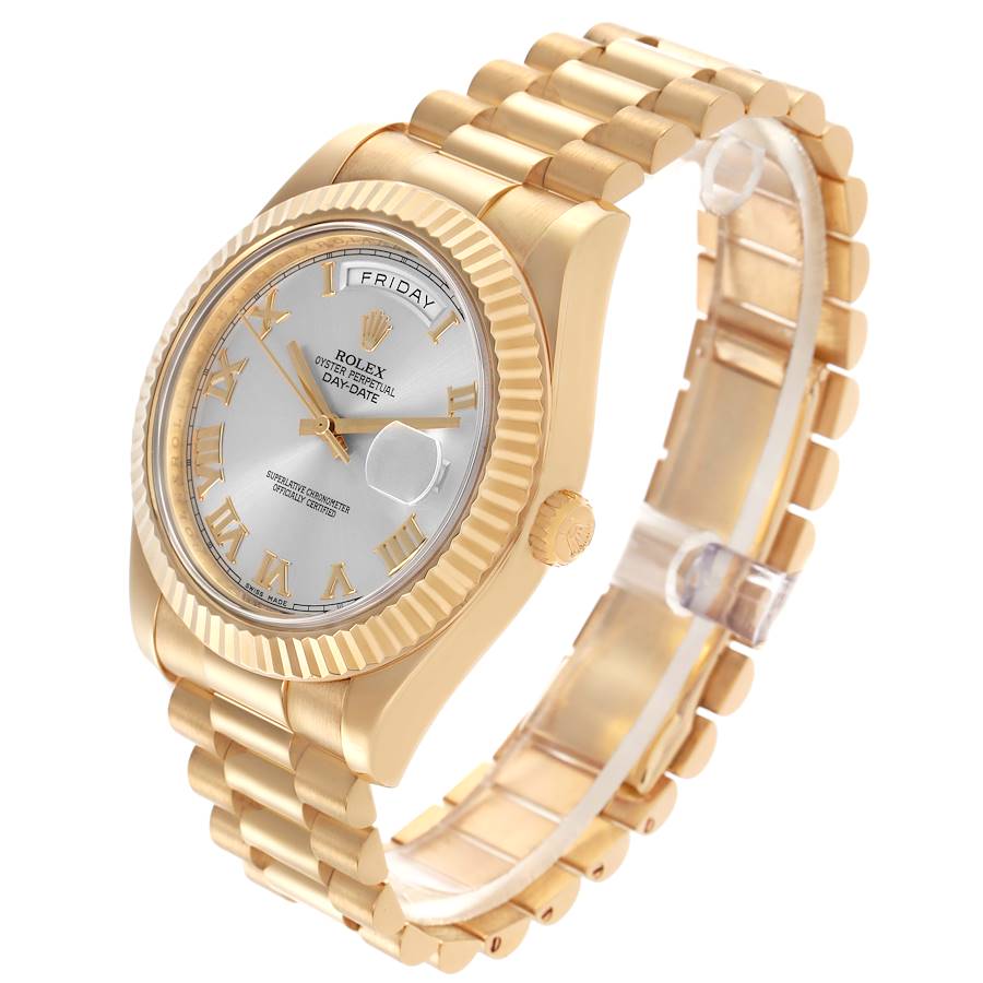 Men's Rolex 41mm Presidential Day-Date II 18K Yellow Gold Watch with Roman Numeral Silver Dial and Fluted Bezel. (Pre-Owned 218238)
