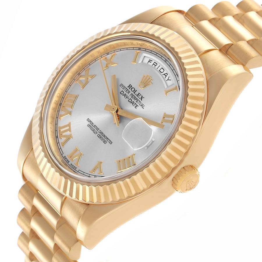 Men's Rolex 41mm Presidential Day-Date II 18K Yellow Gold Watch with Roman Numeral Silver Dial and Fluted Bezel. (Pre-Owned 218238)