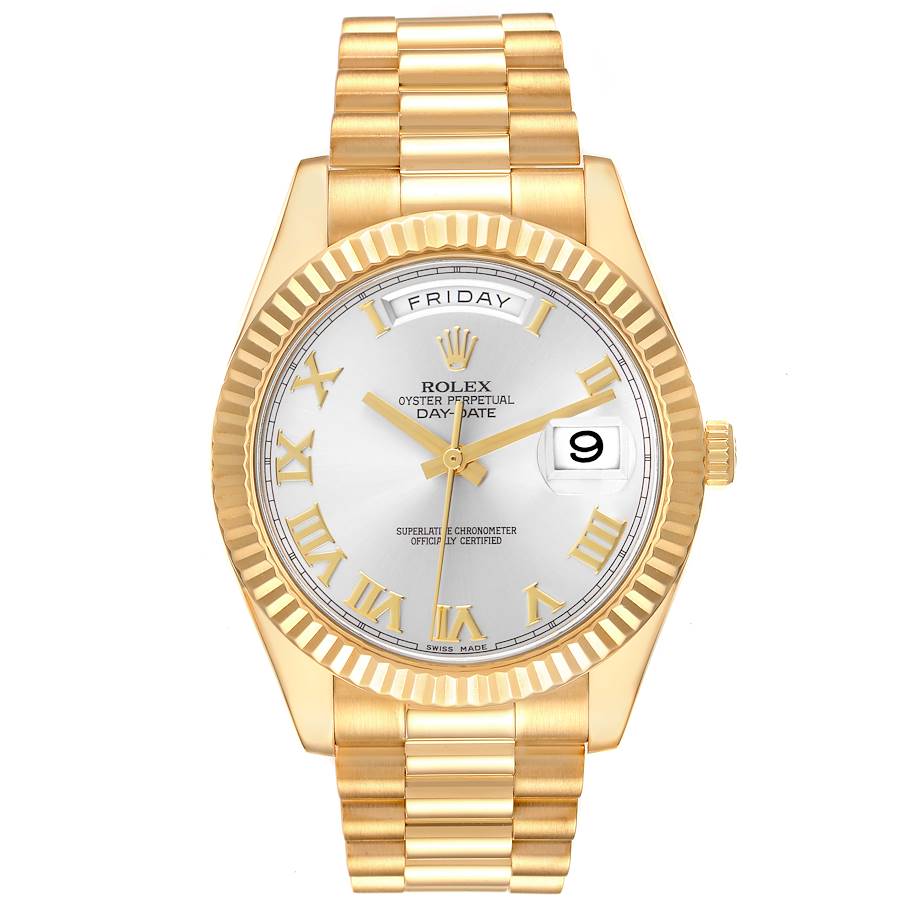 *Men's Rolex 41mm Presidential Day-Date II 18K Yellow Gold Watch with Roman Numeral Silver Dial and Fluted Bezel. (Pre-Owned 218238)