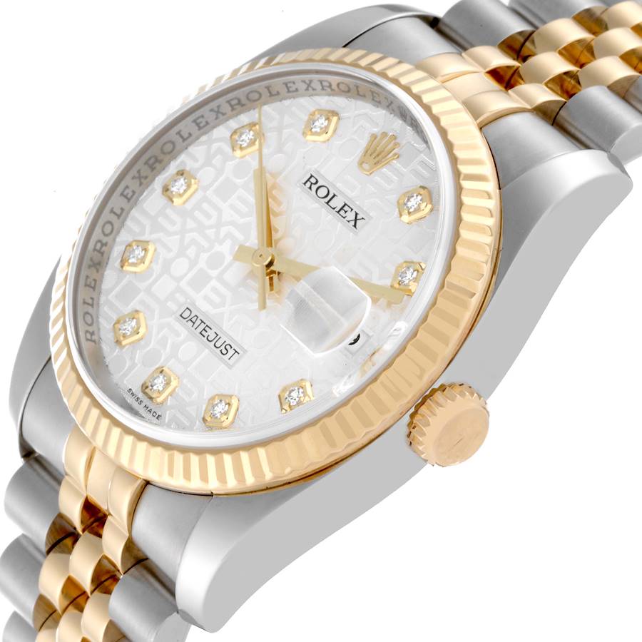 Men's Rolex DateJust 36mm Two Tone 18K Yellow Gold / Stainless Steel Watch with Silver Diamond Dial and Fluted Bezel. (Pre-Owned 116233)