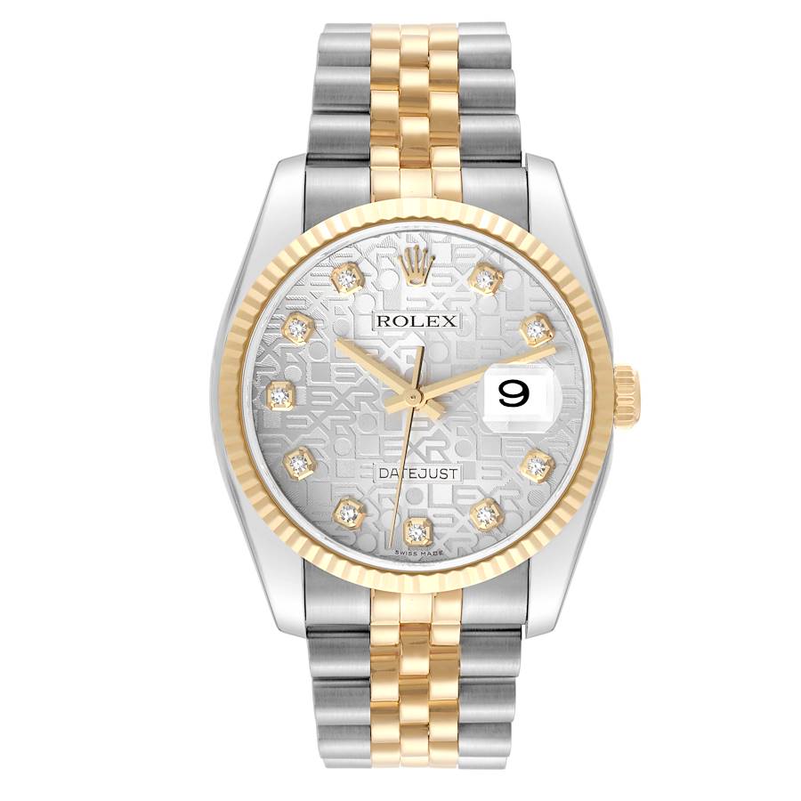 Men's Rolex DateJust 36mm Two Tone 18K Yellow Gold / Stainless Steel Wristwatch with Silver Diamond Dial & Fluted Bezel. (Pre-Owned 116233)