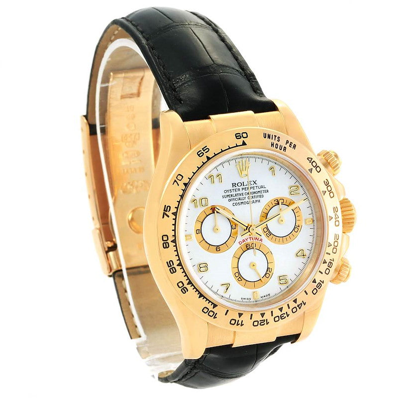 Men's Rolex 40mm Daytona 18K Yellow Gold Wristwatch w/ Black Leather Strap & White Dial. (Pre-Owned 116518)