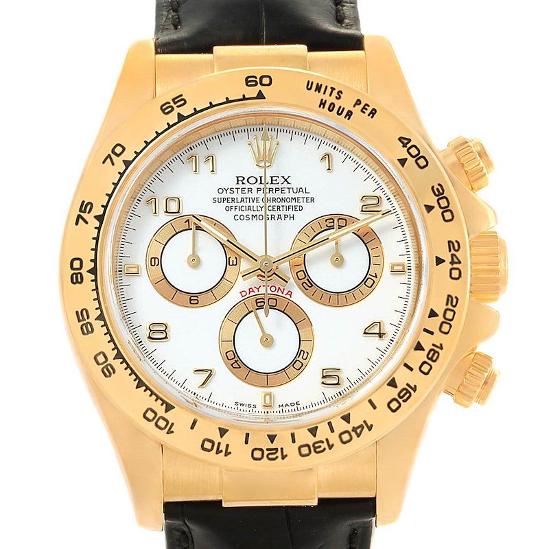 Men's Rolex 40mm Daytona 18K Yellow Gold Wristwatch w/ Black Leather Strap & White Dial. (Pre-Owned 116518)