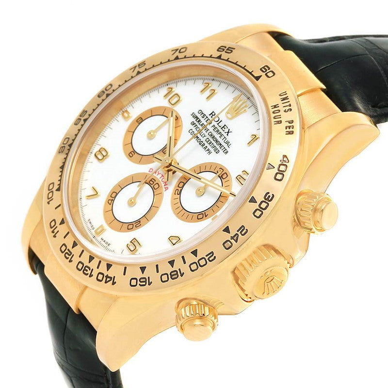 Men's Rolex 40mm Daytona 18K Yellow Gold Wristwatch w/ Black Leather Strap & White Dial. (Pre-Owned 116518)