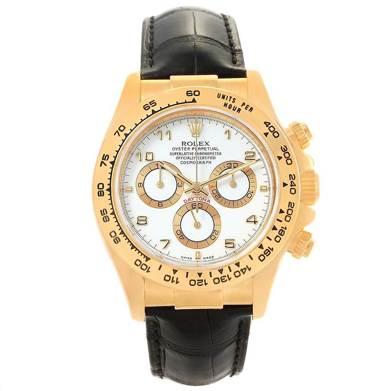 Men's Rolex 40mm Daytona 18K Yellow Gold Wristwatch w/ Black Leather Strap & White Dial. (Pre-Owned 116518)