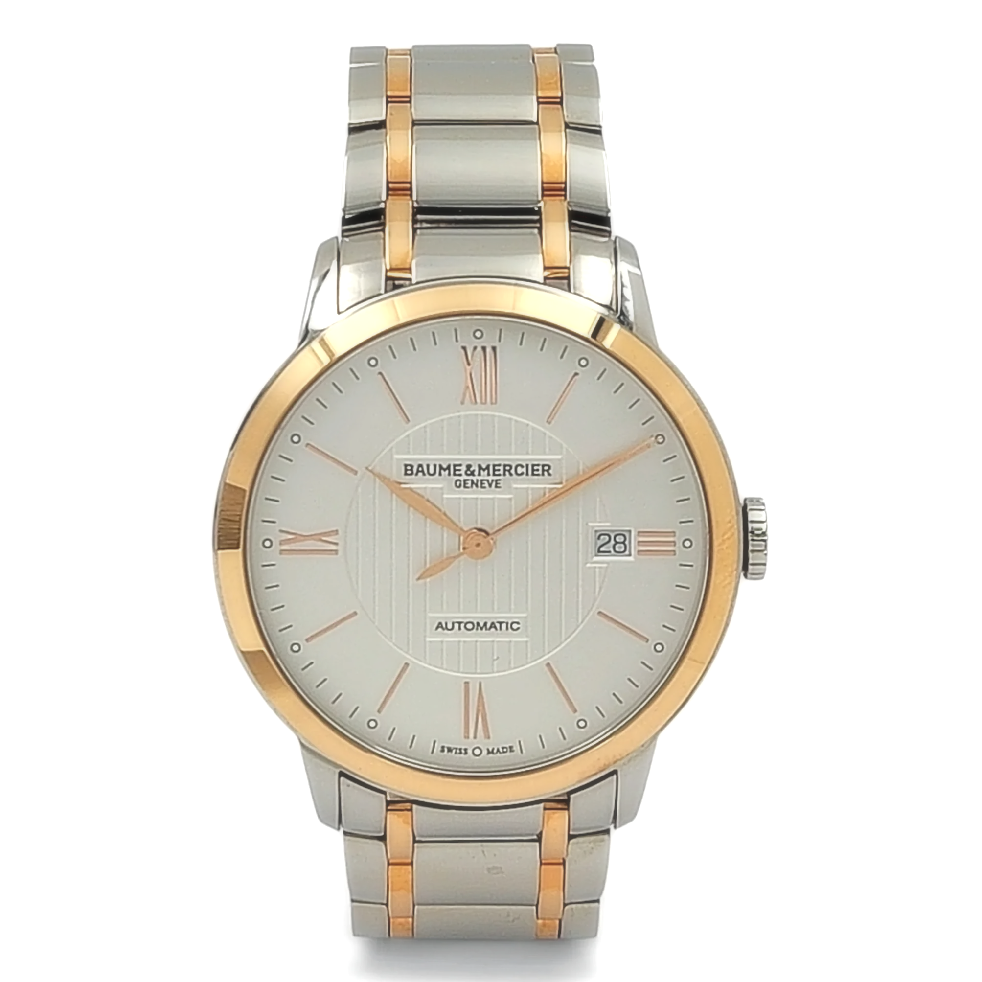 Men's Baume & Mercier 40mm Classima Automatic Electro Plated Rose Gold / Stainless Steel Watch with White Roman Numeral Dial. (Pre-Owned)