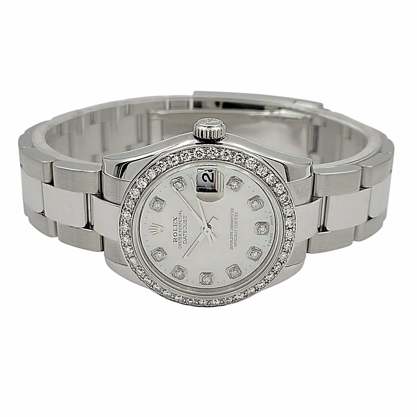 Ladies Rolex DateJust 31mm Midsize Stainless Steel Watch with Mother of Pearl Diamond Dial and Diamond Bezel. (Pre-Owned)