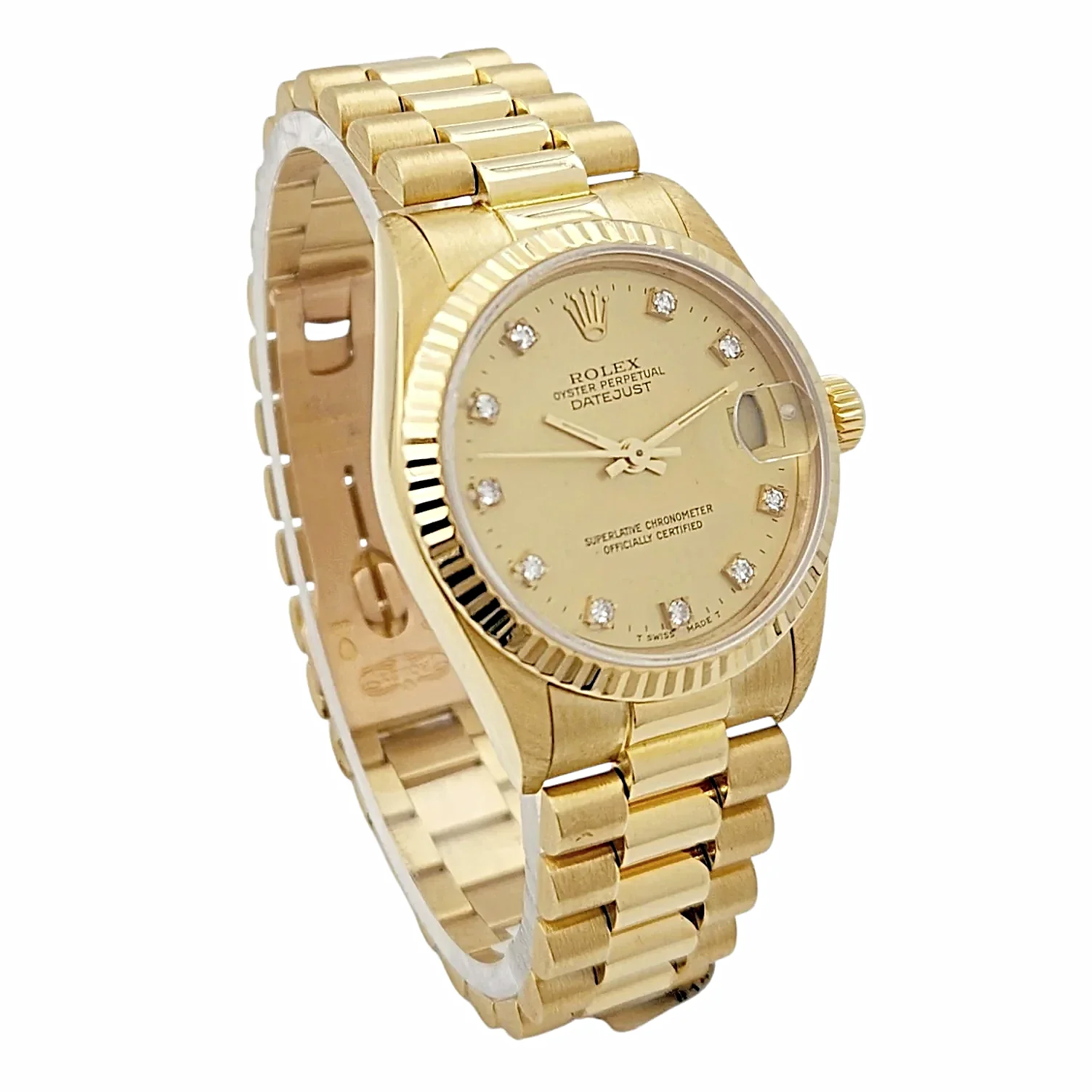 Ladies Rolex Midsize 31mm DateJust 18K Yellow Gold Watch with Diamond Champagne Dial and Fluted Bezel. (Pre-Owned 68278)