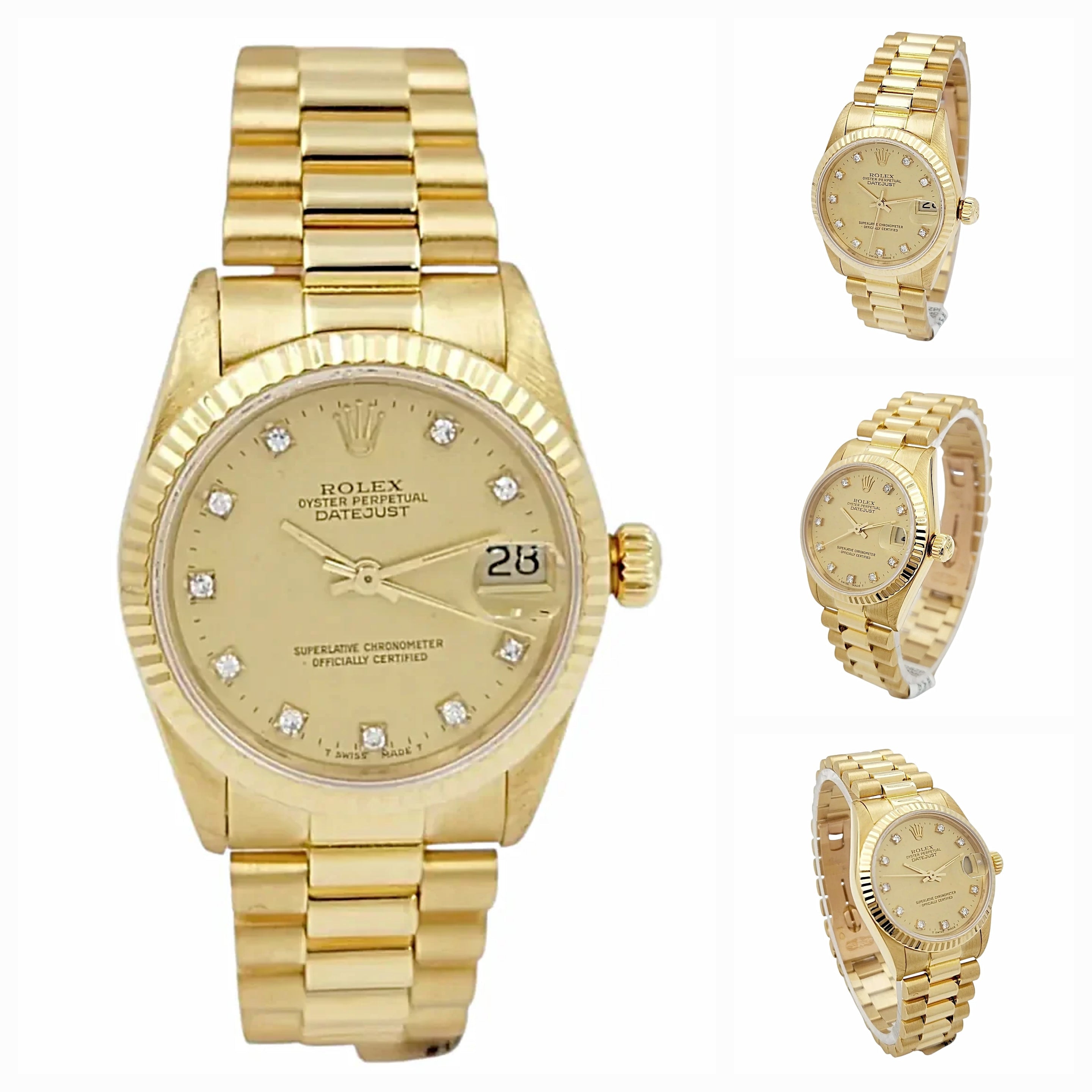Ladies Rolex Midsize 31mm DateJust 18K Yellow Gold Watch with Diamond Champagne Dial and Fluted Bezel. (Pre-Owned 68278)