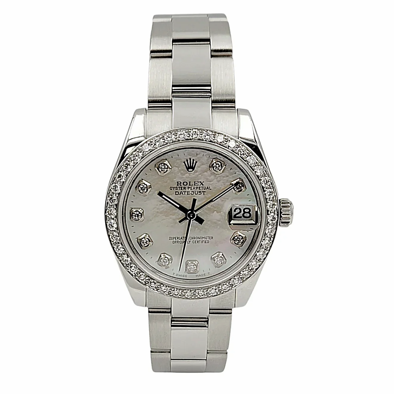 Ladies Rolex DateJust 31mm Midsize Stainless Steel Watch with Mother of Pearl Diamond Dial and Diamond Bezel. (Pre-Owned)