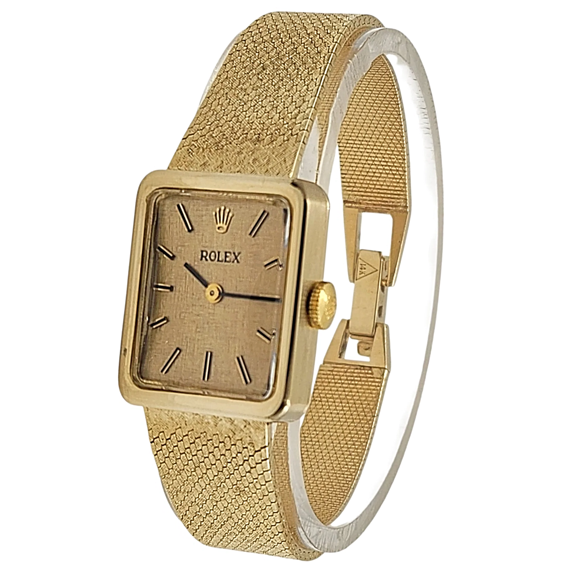 1950's Ladies Rolex Cocktail Vintage 14K Yellow Gold Watch with Gold Dial and Gold Mesh Bracelet. (Pre-Owned 8365)
