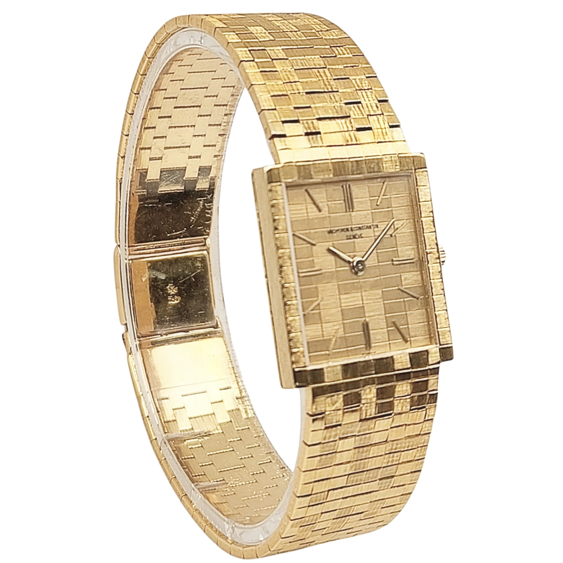1970's Vacheron & Constantin Vintage Solid 18K Gold Watch with Basket-Weave Gold Dial and Bracelet. (Pre-Owned 7186)