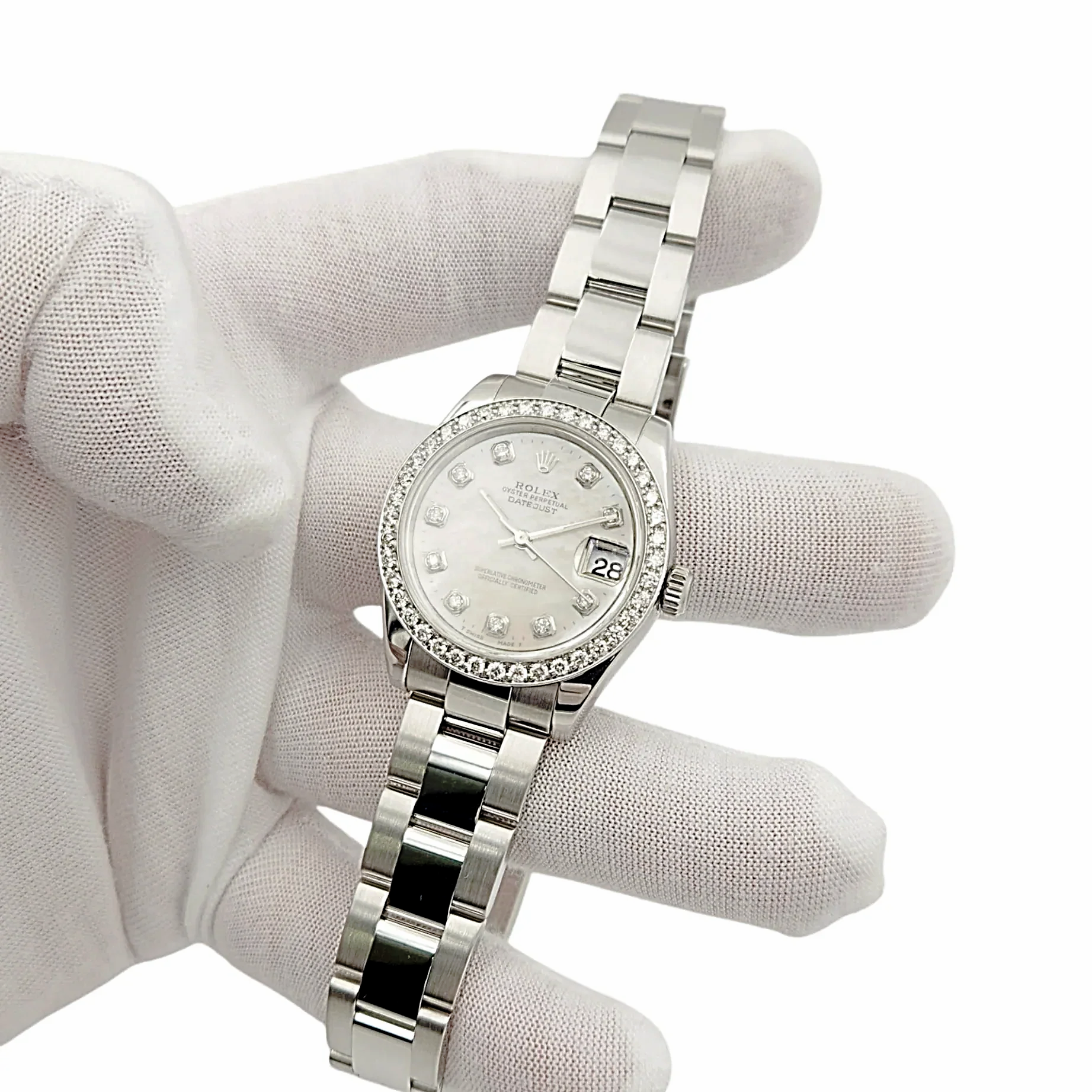 Ladies Rolex DateJust 31mm Midsize Stainless Steel Watch with Mother of Pearl Diamond Dial and Diamond Bezel. (Pre-Owned)